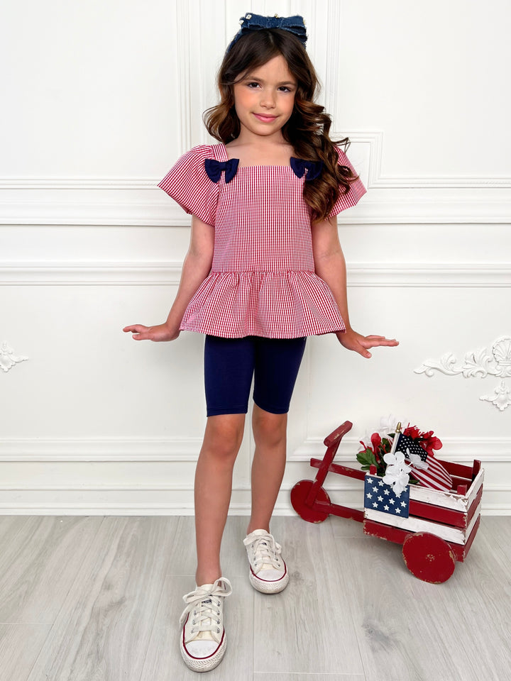 Red Gingham Bow Peplum Top and Navy Biker Short Set