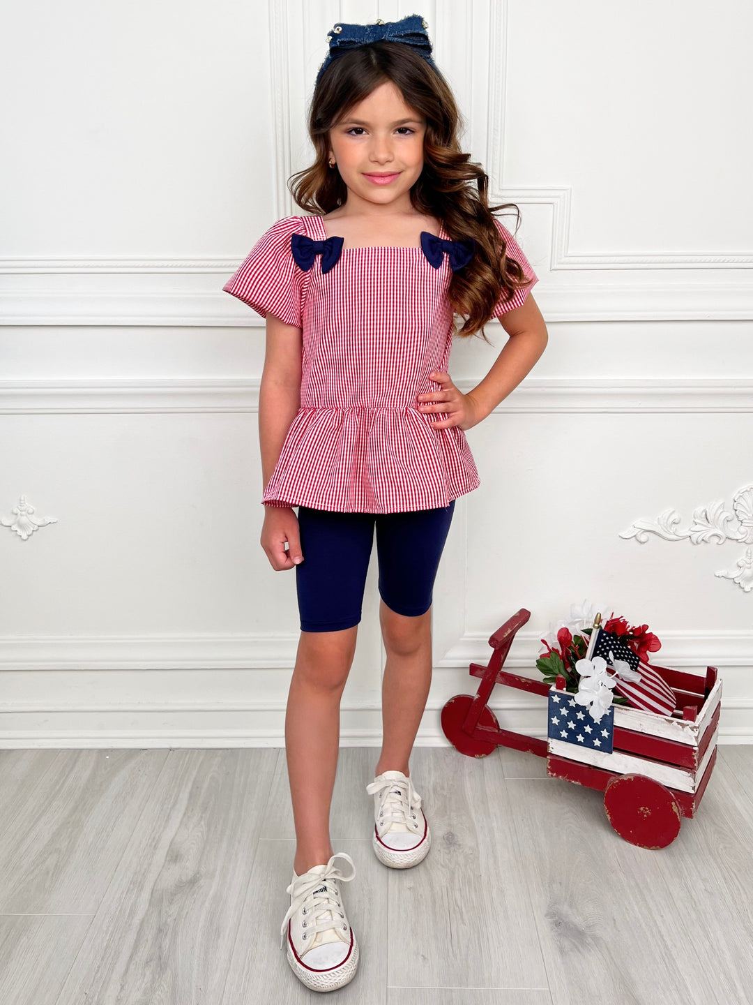 Red Gingham Bow Peplum Top and Navy Biker Short Set