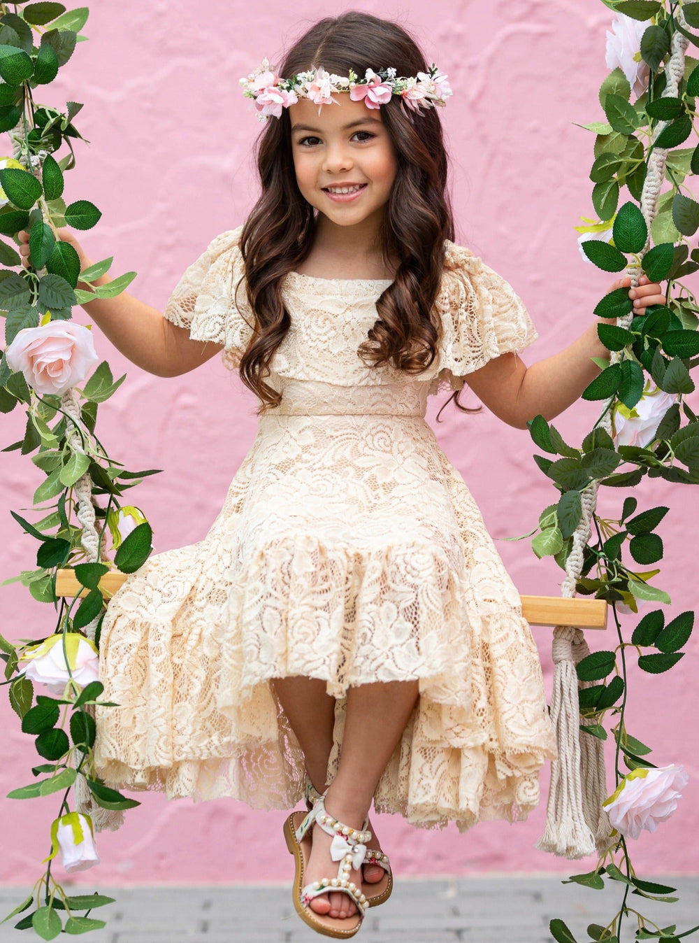Toddler Spring Dress | Girls Neutral Cold Shoulder Maxi Lace Sundress