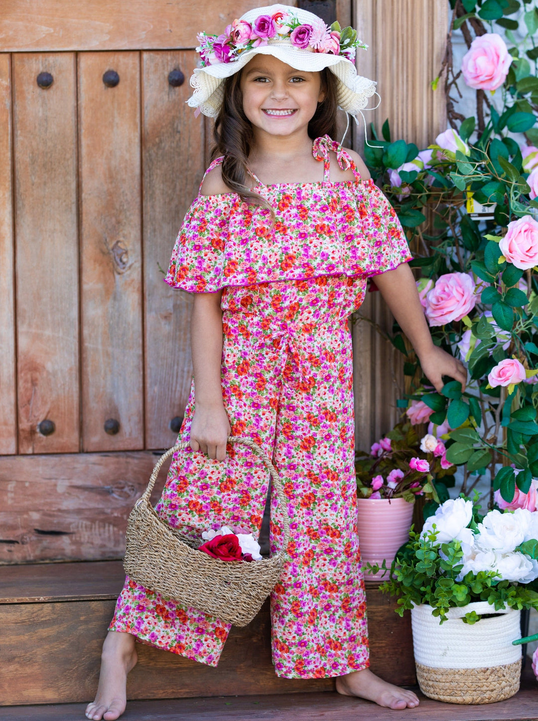 Spring Toddler Outfit | Girls Calico Flower Cold Shoulder Jumpsuit