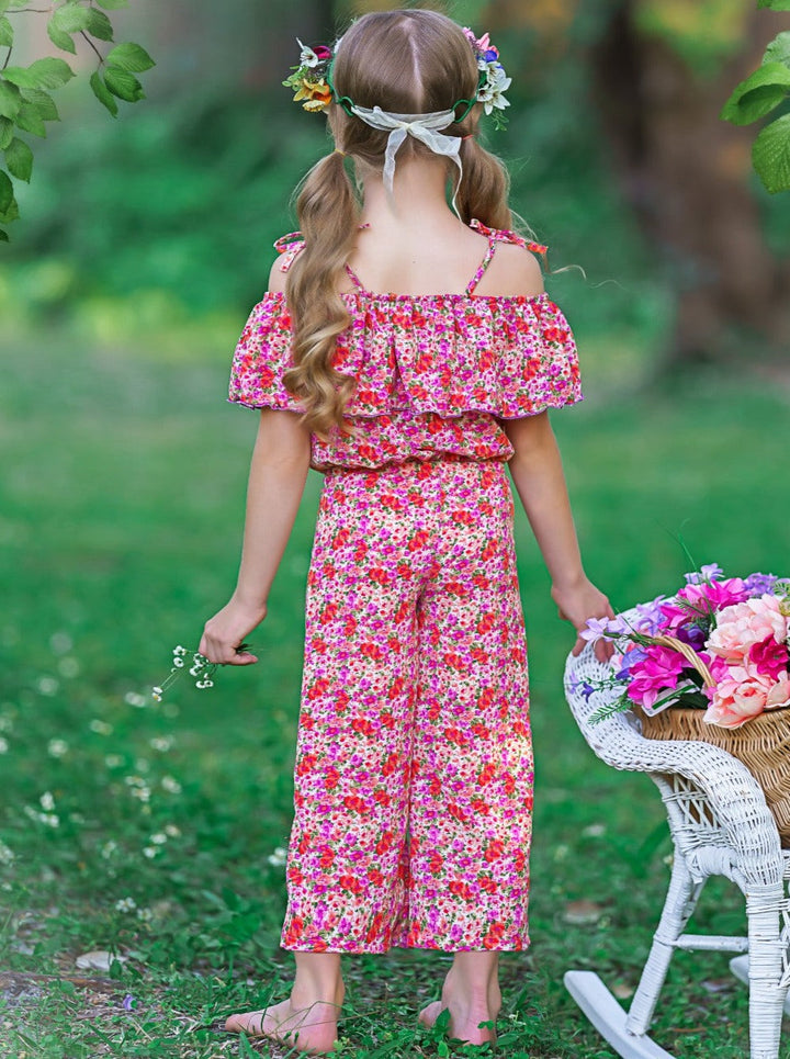 Spring Toddler Outfit | Girls Calico Flower Cold Shoulder Jumpsuit