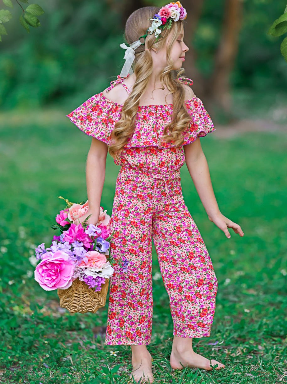 Spring Toddler Outfit | Girls Calico Flower Cold Shoulder Jumpsuit