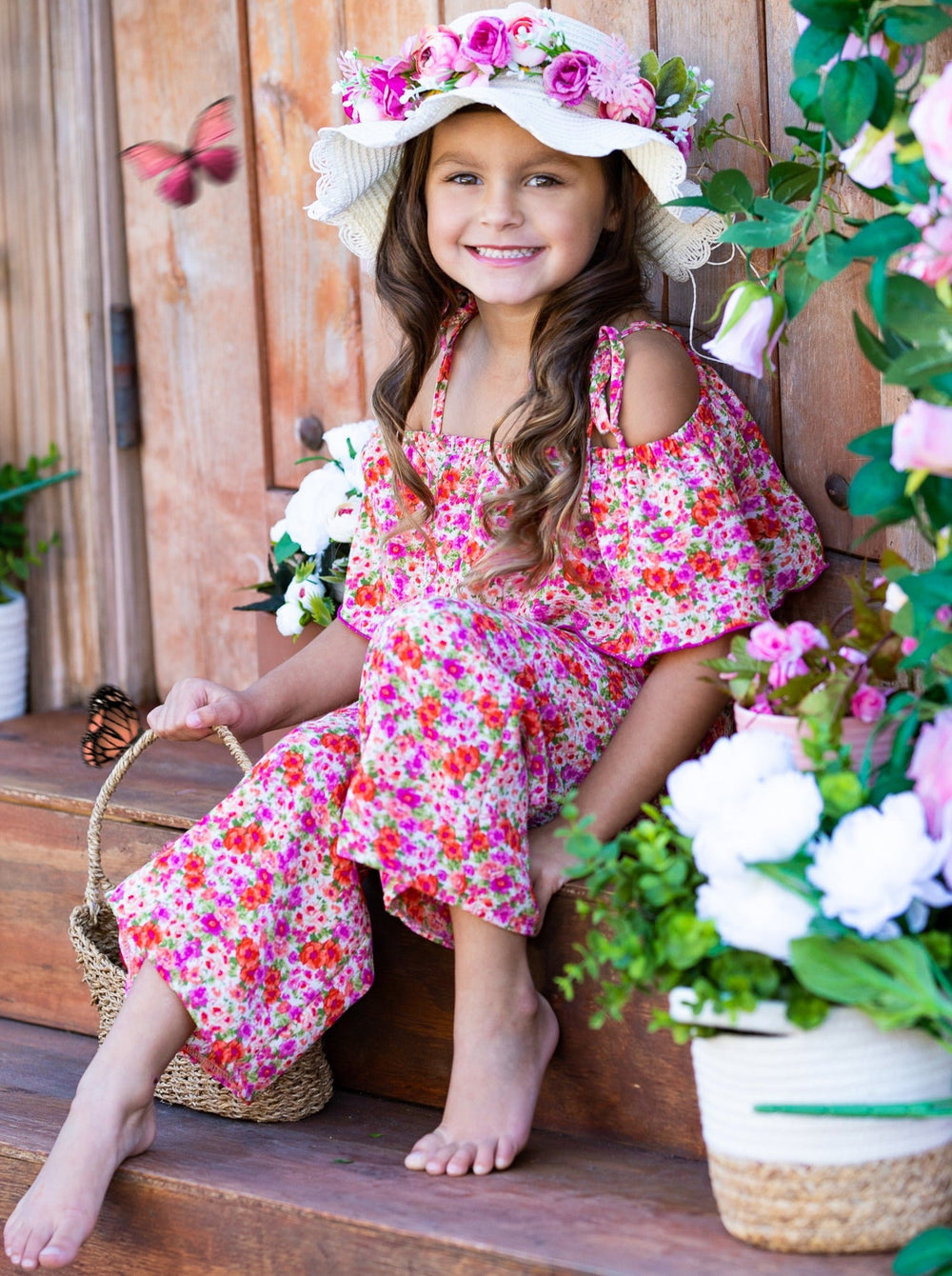 Spring Toddler Outfit | Girls Calico Flower Cold Shoulder Jumpsuit