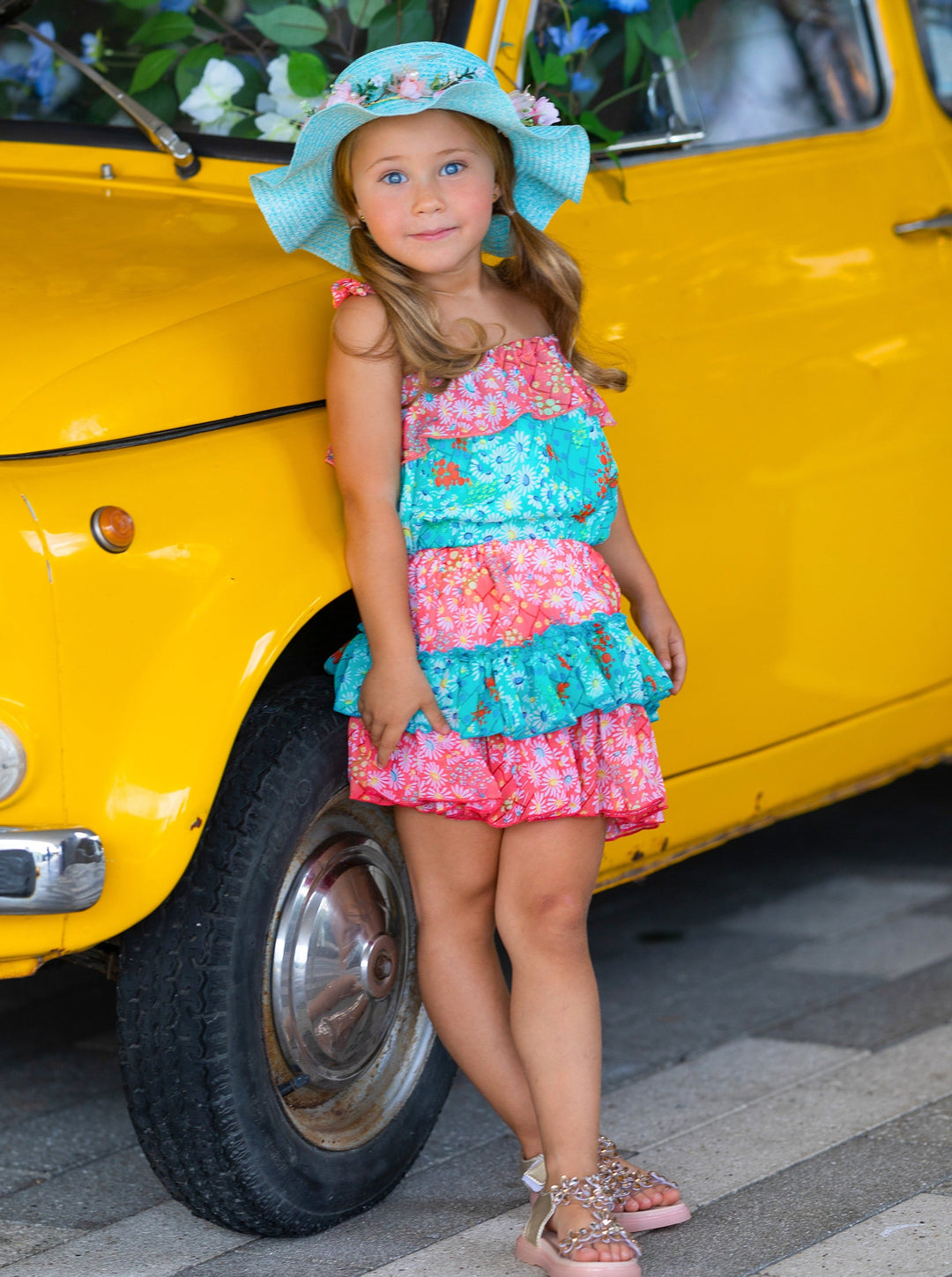Mia Belle Girls Floral Ruffled Bib Top & Skirt Set | Resort Wear