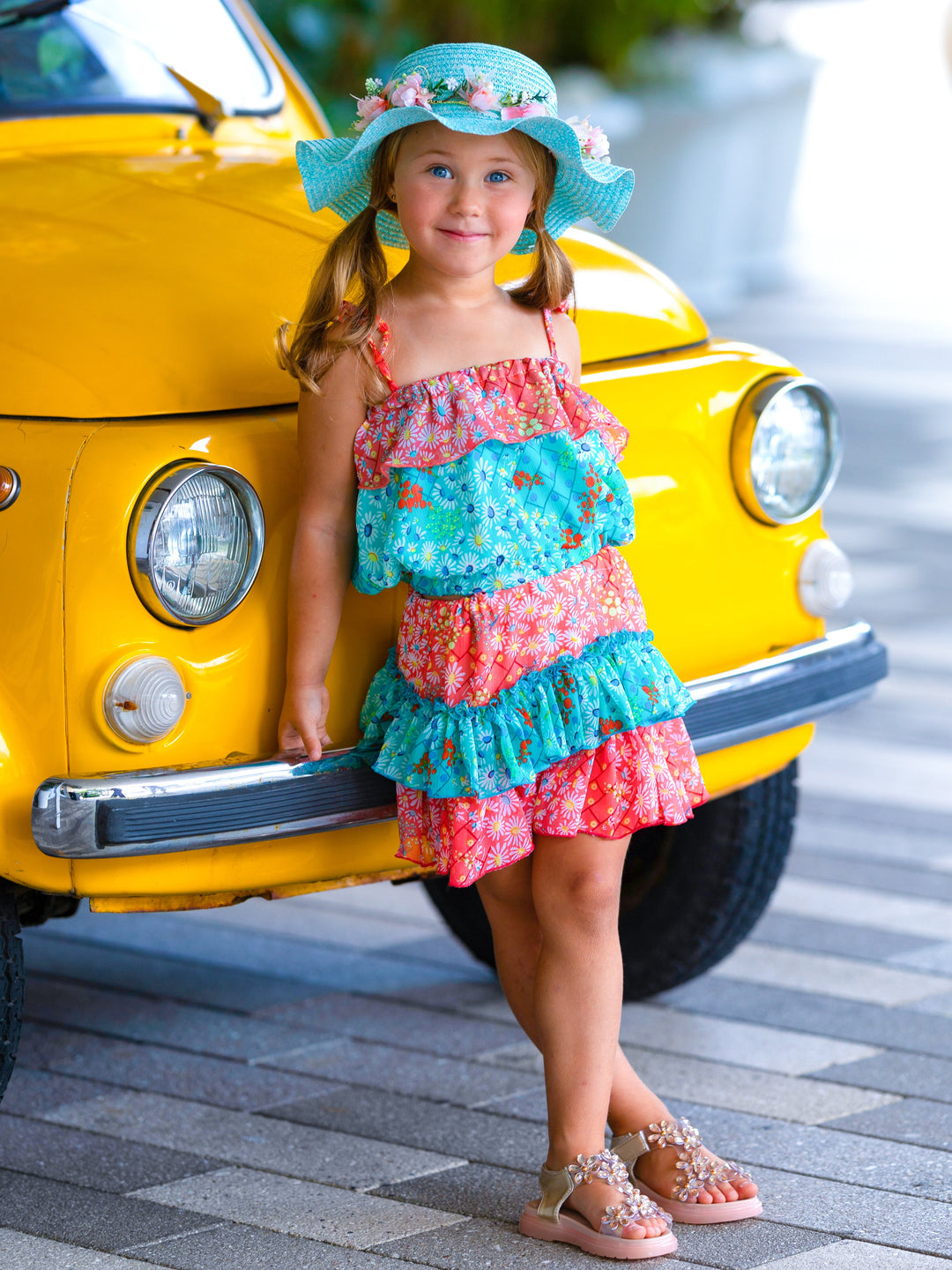 Mia Belle Girls Floral Ruffled Bib Top & Skirt Set | Resort Wear