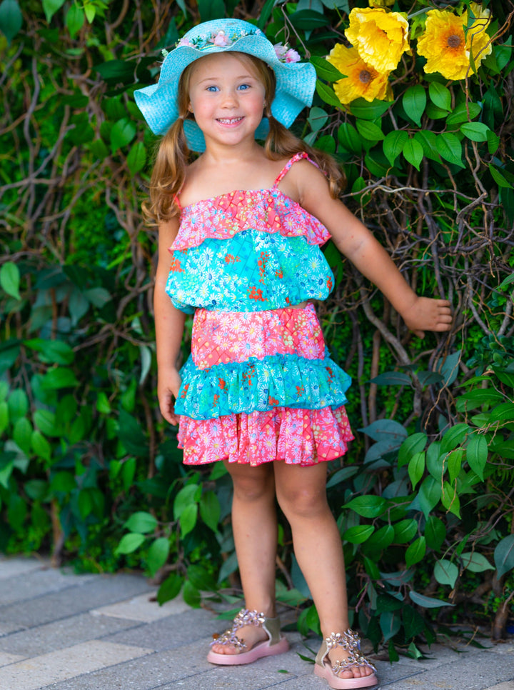 Mia Belle Girls Floral Ruffled Bib Top & Skirt Set | Resort Wear