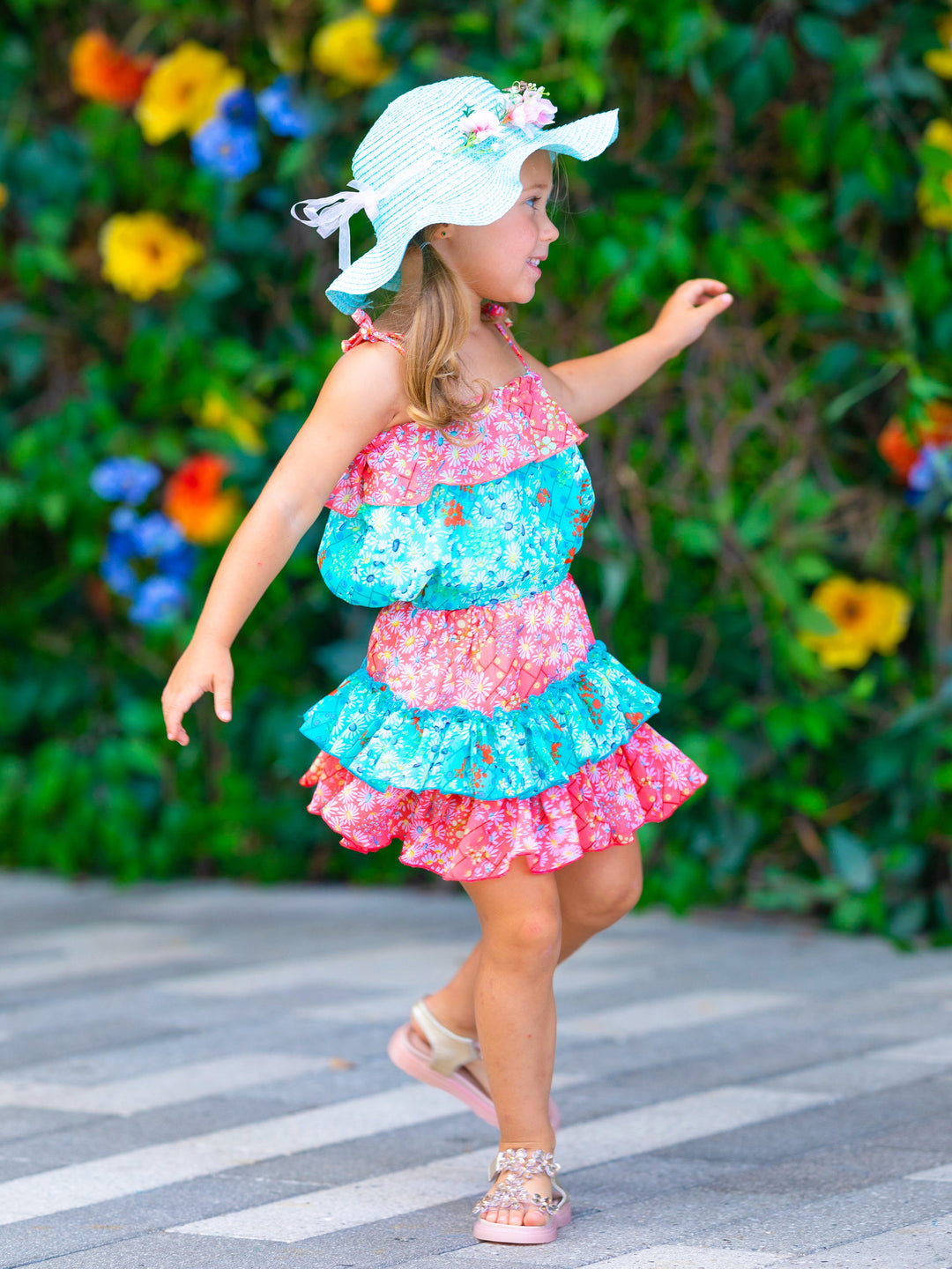 Mia Belle Girls Floral Ruffled Bib Top & Skirt Set | Resort Wear