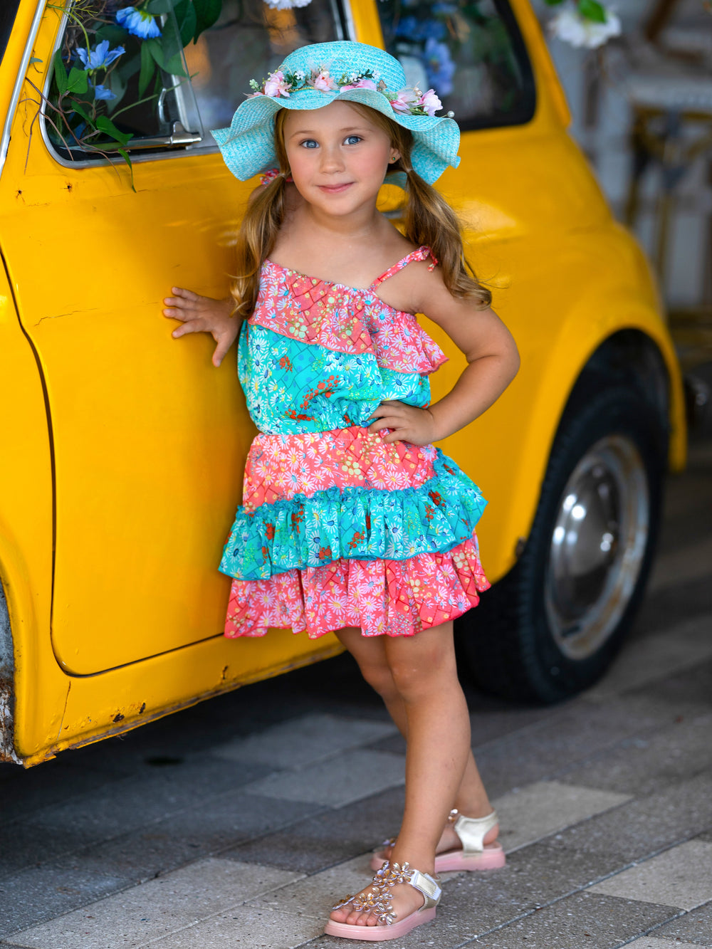 Mia Belle Girls Floral Ruffled Bib Top & Skirt Set | Resort Wear