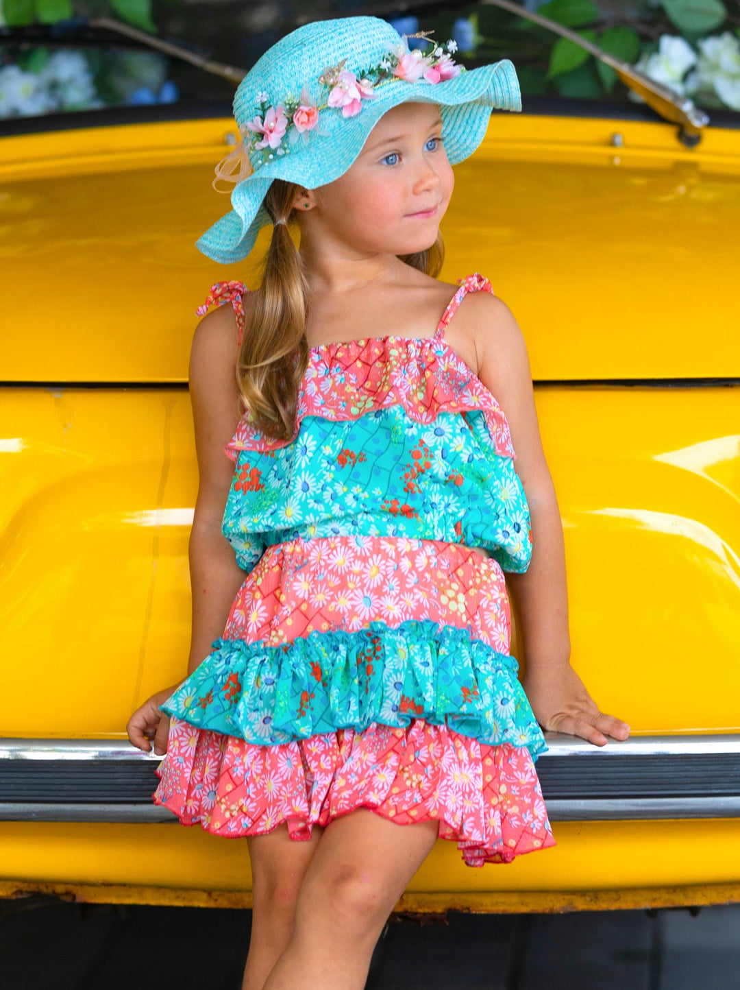 Mia Belle Girls Floral Ruffled Bib Top & Skirt Set | Resort Wear