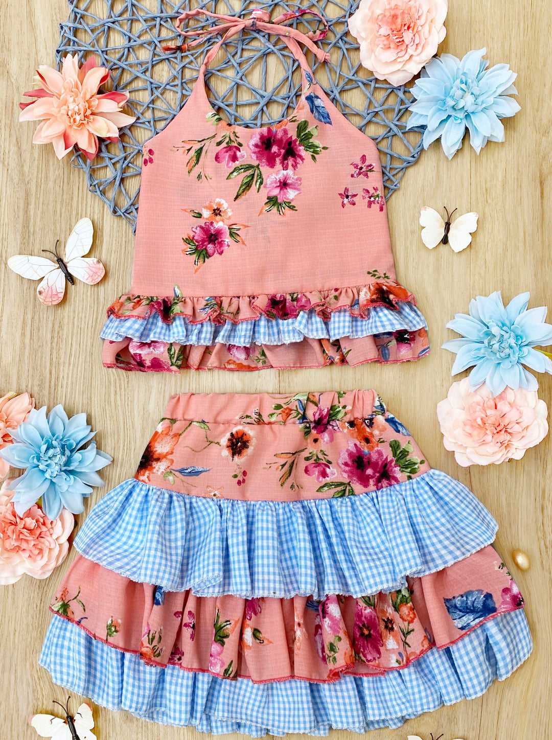 Cute Spring Dresses | Girls Floral Plaid Ruffled Halter Skirt Set