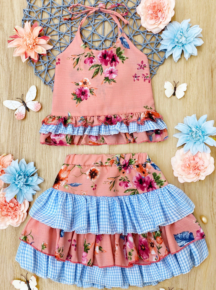 Cute Spring Dresses | Girls Floral Plaid Ruffled Halter Skirt Set