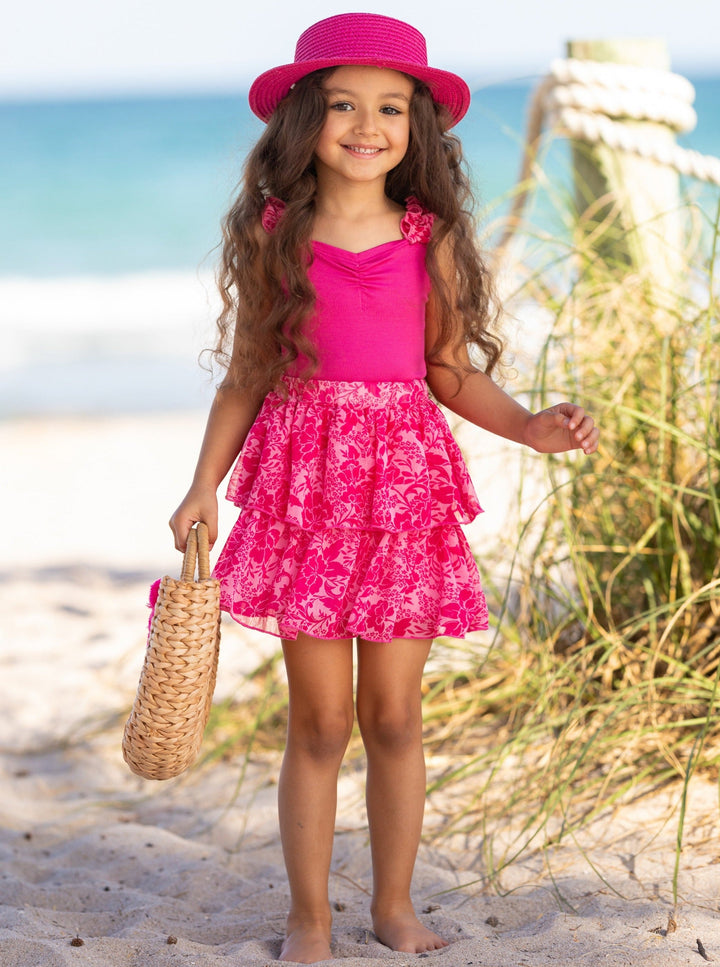 Mia Belle Girls Pink Ribbed Top & Tiered Skirt Set | Resort Wear