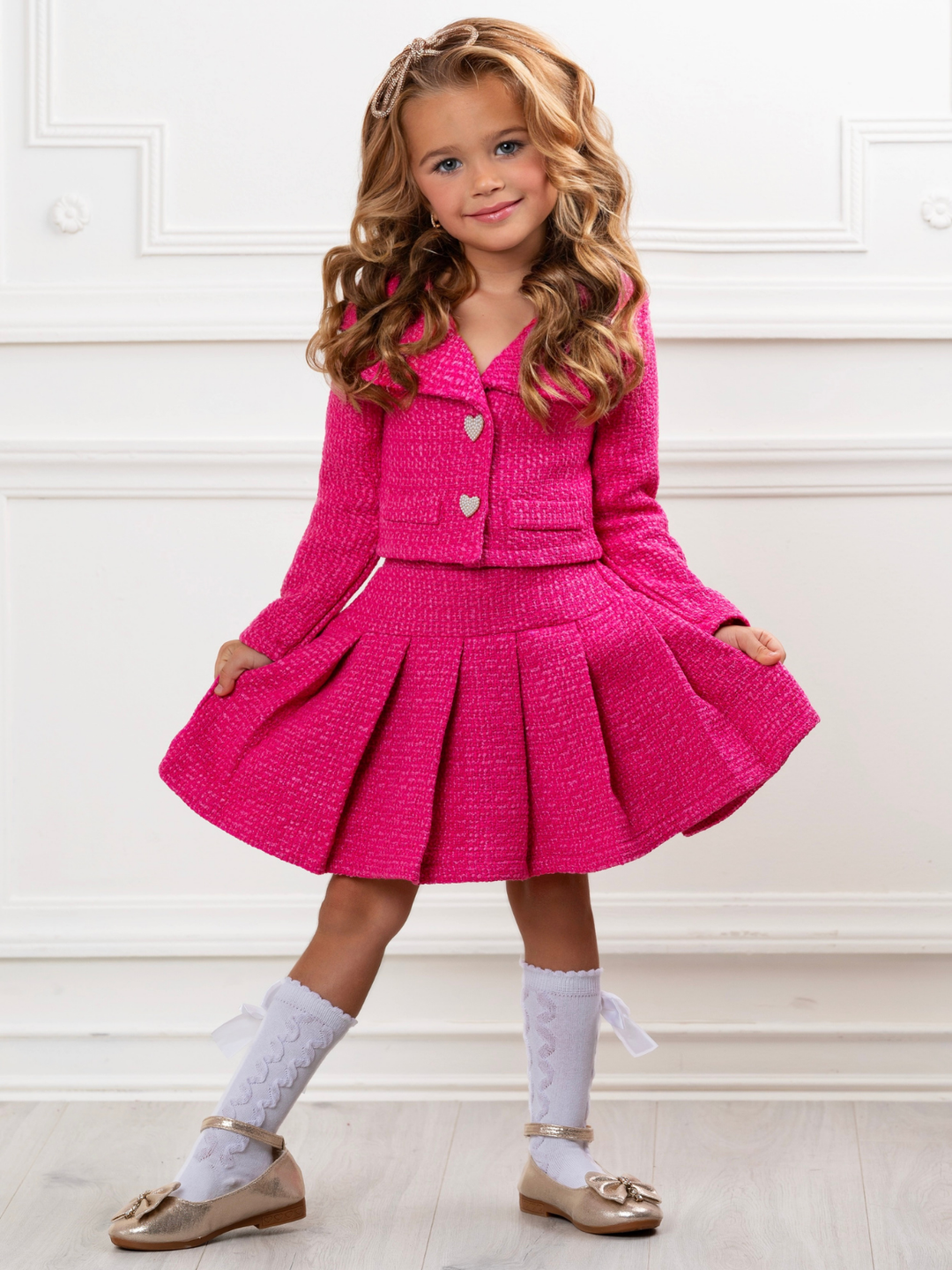 Power Posing Pink Blazer and Pleated Skirt Set