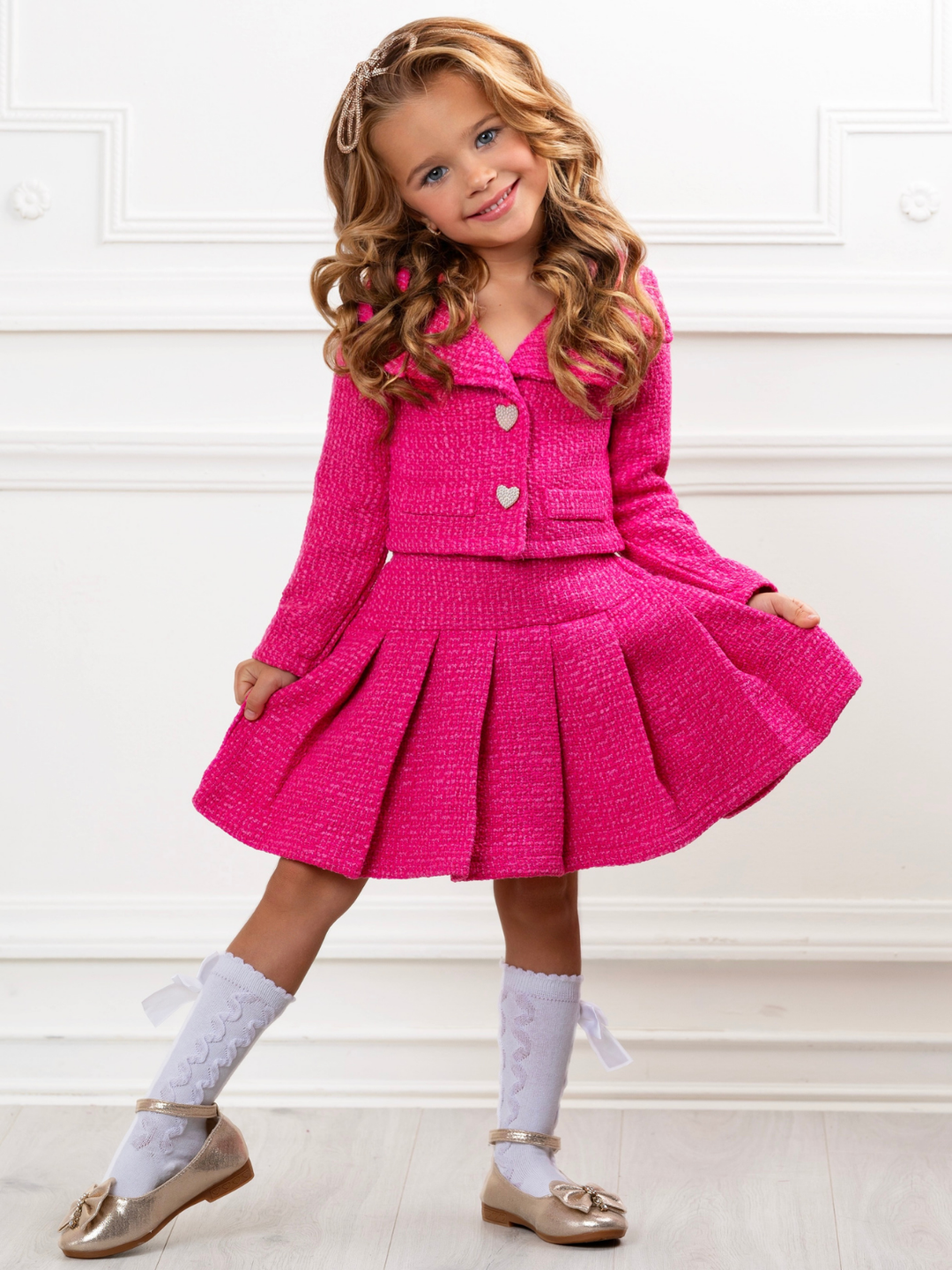 Power Posing Pink Blazer and Pleated Skirt Set