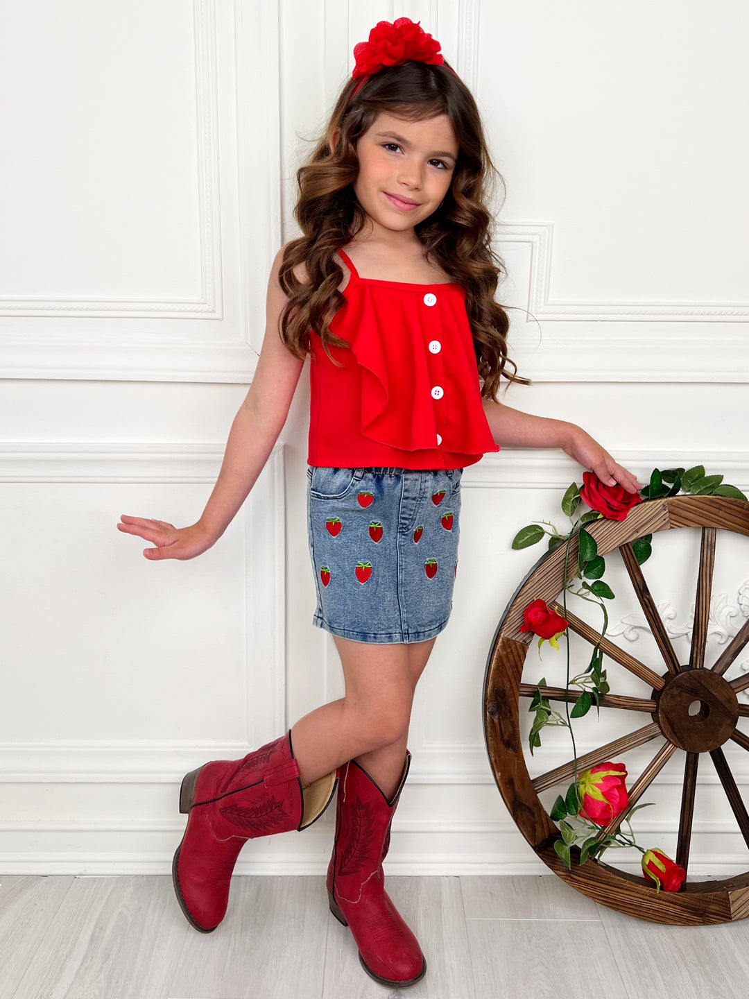Sweet Strawberry Top and Denim Skirt Set