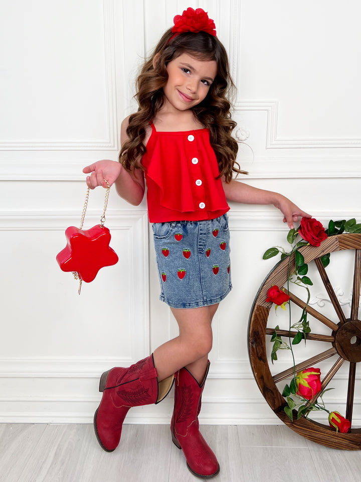 Sweet Strawberry Top and Denim Skirt Set