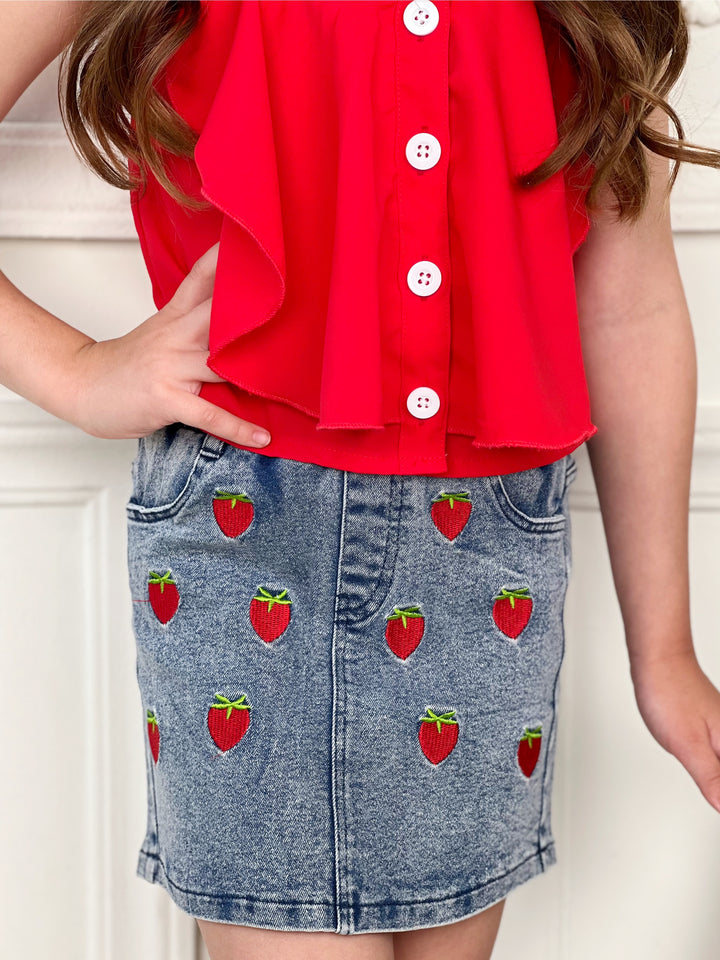 Sweet Strawberry Top and Denim Skirt Set