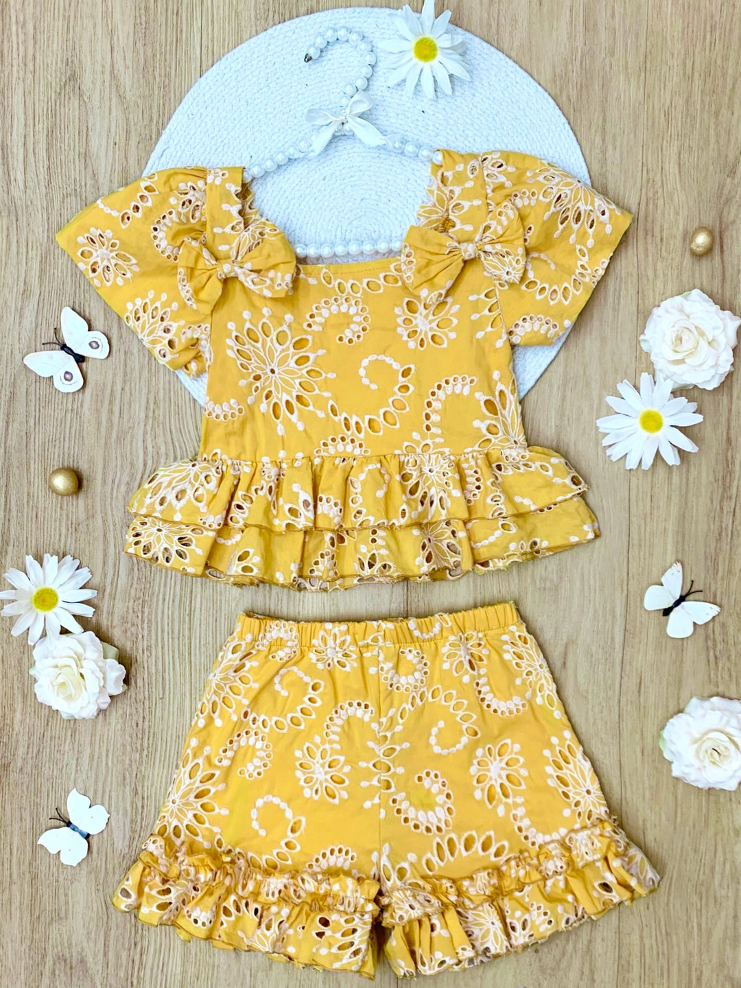 Golden Bloom Eyelet Puff Sleeve Top and Ruffle Shorts Set
