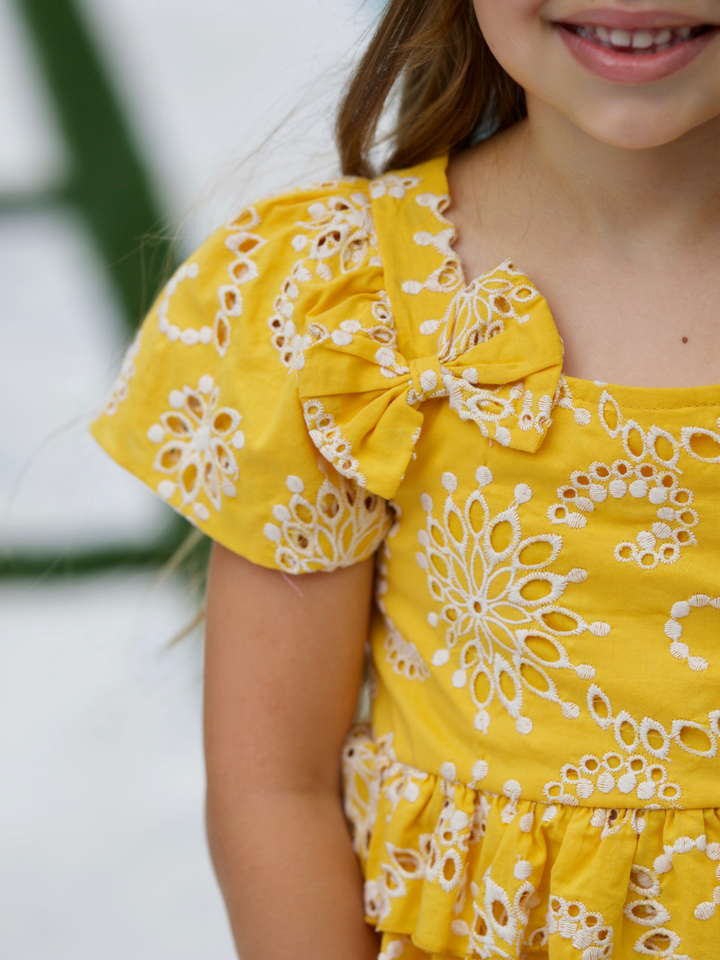 Golden Bloom Eyelet Puff Sleeve Top and Ruffle Shorts Set