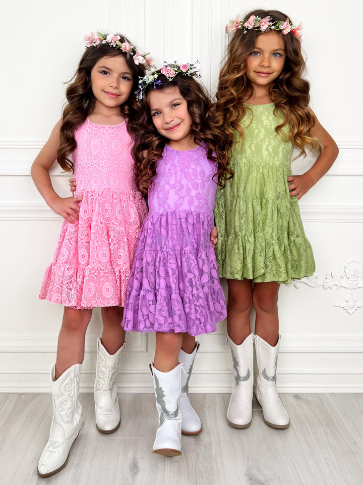 Lavender Floral Lace Tiered Ruffle Dress