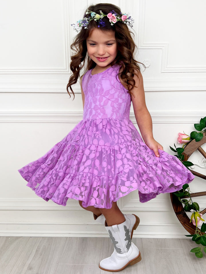 Lavender Floral Lace Tiered Ruffle Dress