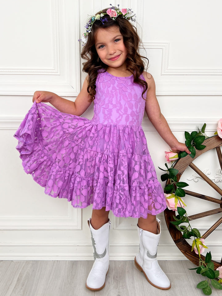 Lavender Floral Lace Tiered Ruffle Dress