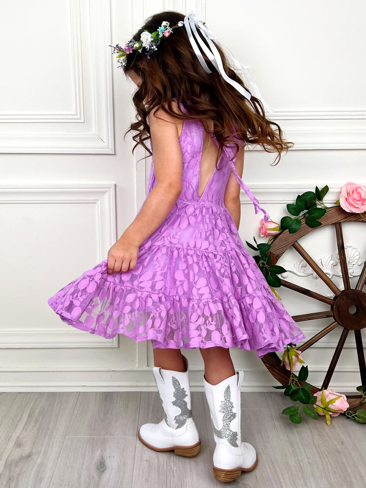 Lavender Floral Lace Tiered Ruffle Dress