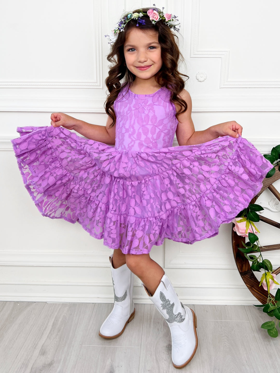 Lavender Floral Lace Tiered Ruffle Dress