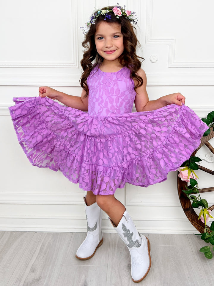Lavender Floral Lace Tiered Ruffle Dress