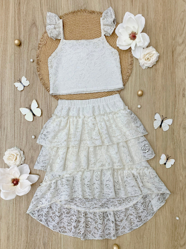 Ivory Blossom Lace Ruffle Top & Skirt Set
