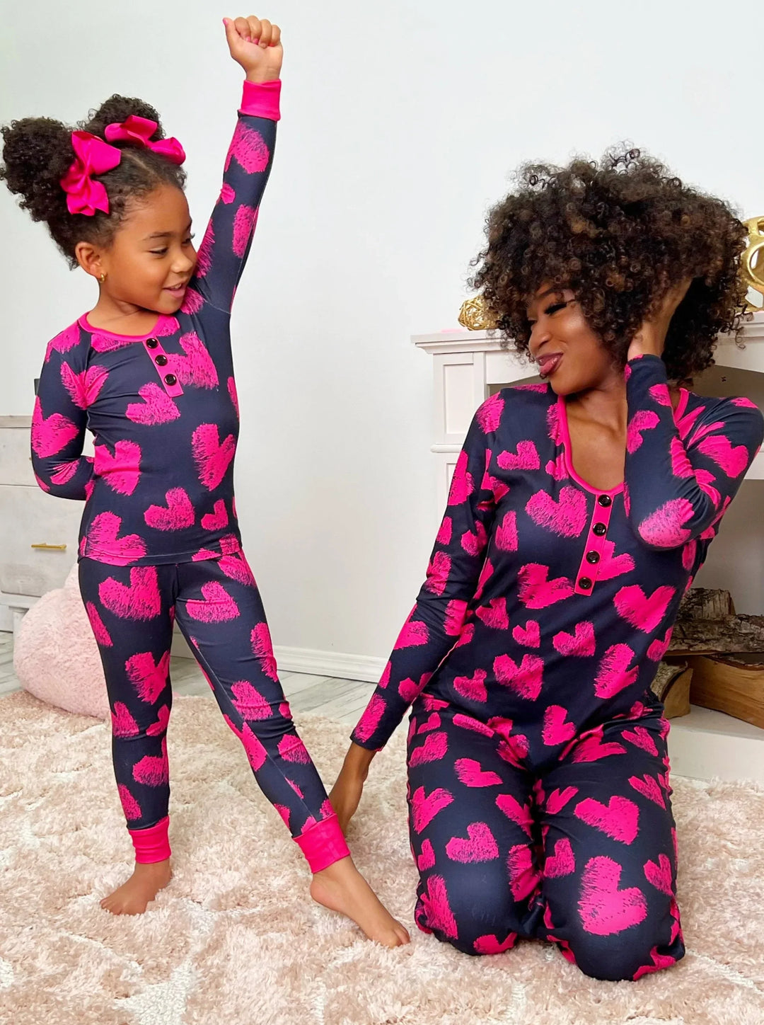 Mommy And Me Hot Pink Heart Pajama Set | Valentine's Day Set