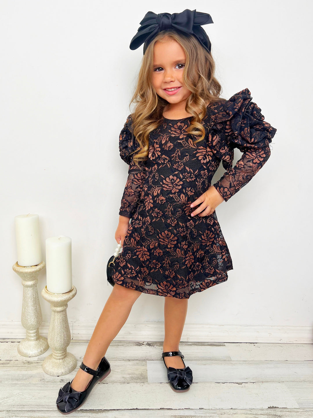 Mia Belle Girls Rosette Sleeve Brown Floral Dress | Girls Winter Dresses