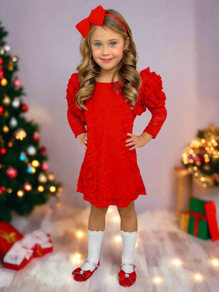 Ruby Princess Rosette Sleeve Red Lace Dress