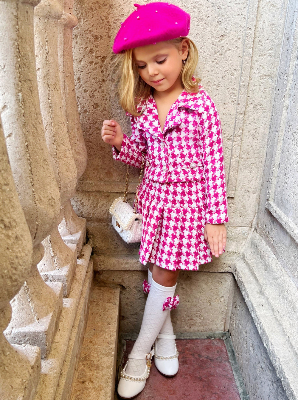 Preppy Chic Set | Houndstooth Blazer & Pleated Skirt | Mia Belle Girls