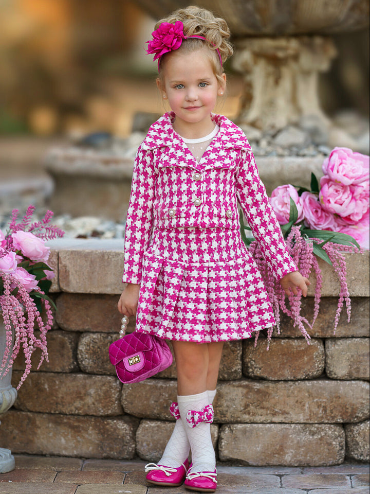 Pink Power Houndstooth Blazer And Pleated Skirt Set