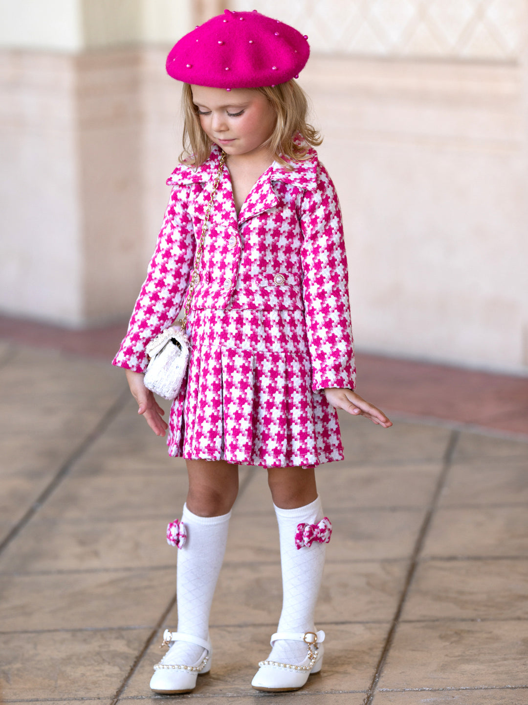 Pink Power Houndstooth Blazer And Pleated Skirt Set