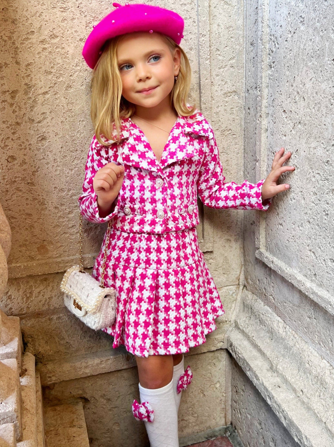 Preppy Chic Set | Houndstooth Blazer & Pleated Skirt | Mia Belle Girls