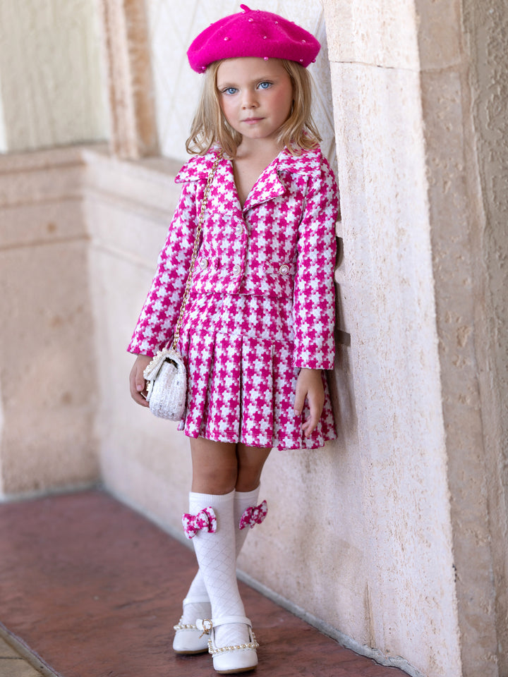 Pink Power Houndstooth Blazer And Pleated Skirt Set