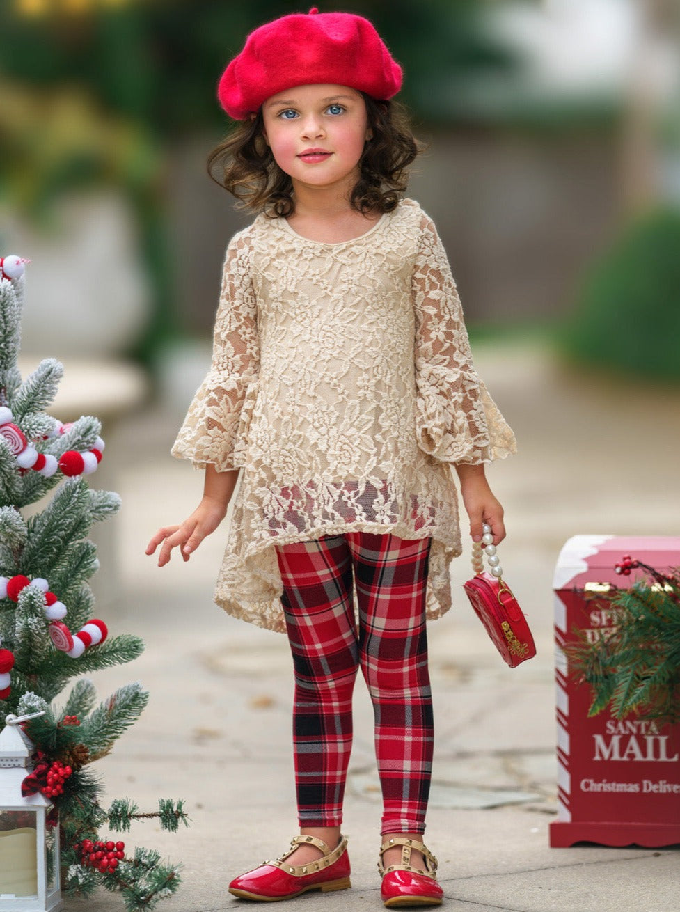 Mia Belle Girls Lace Tunic & Checkered Leggings | Tunic & Legging Set