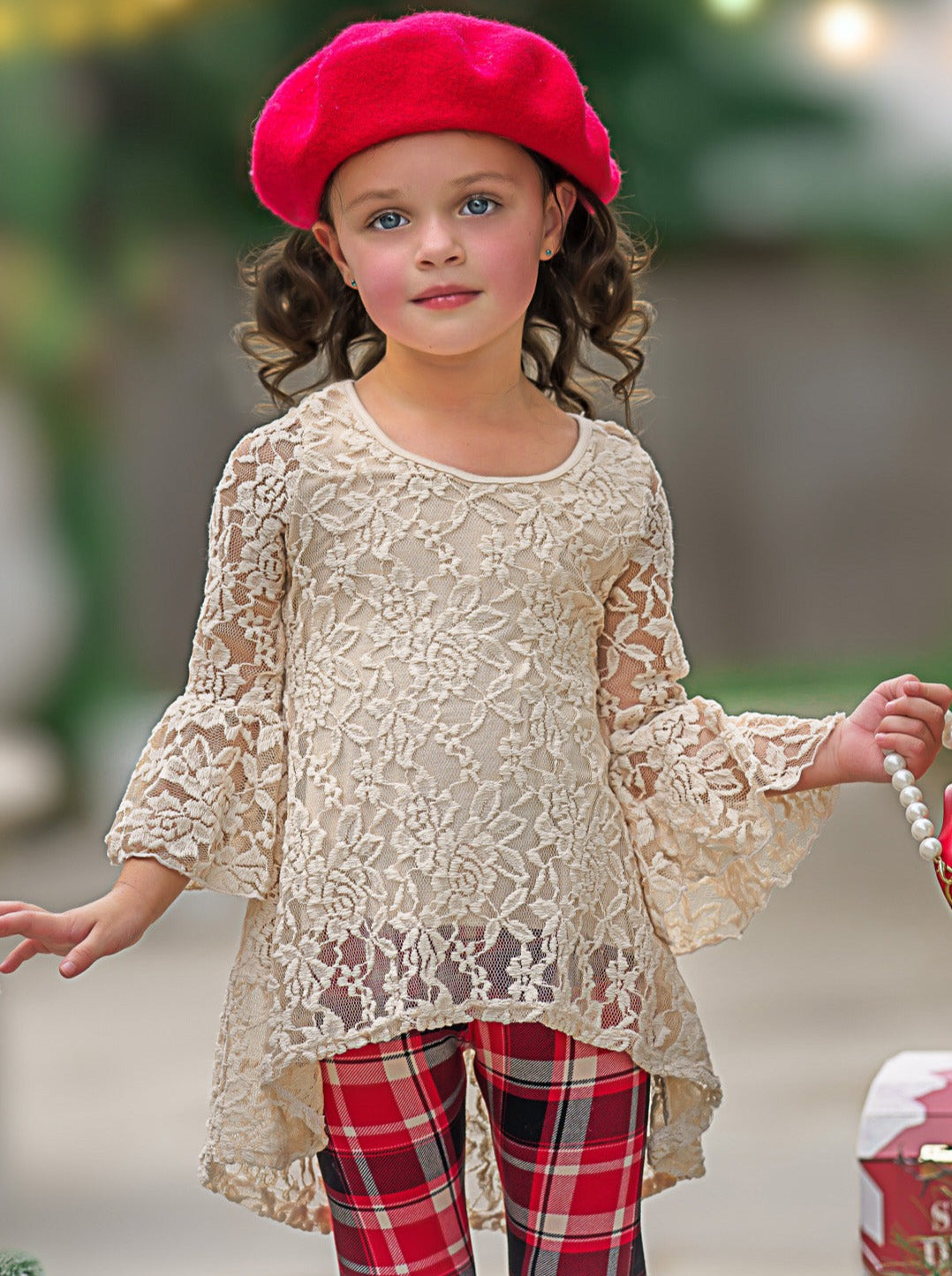 Mia Belle Girls Lace Tunic & Checkered Leggings | Tunic & Legging Set