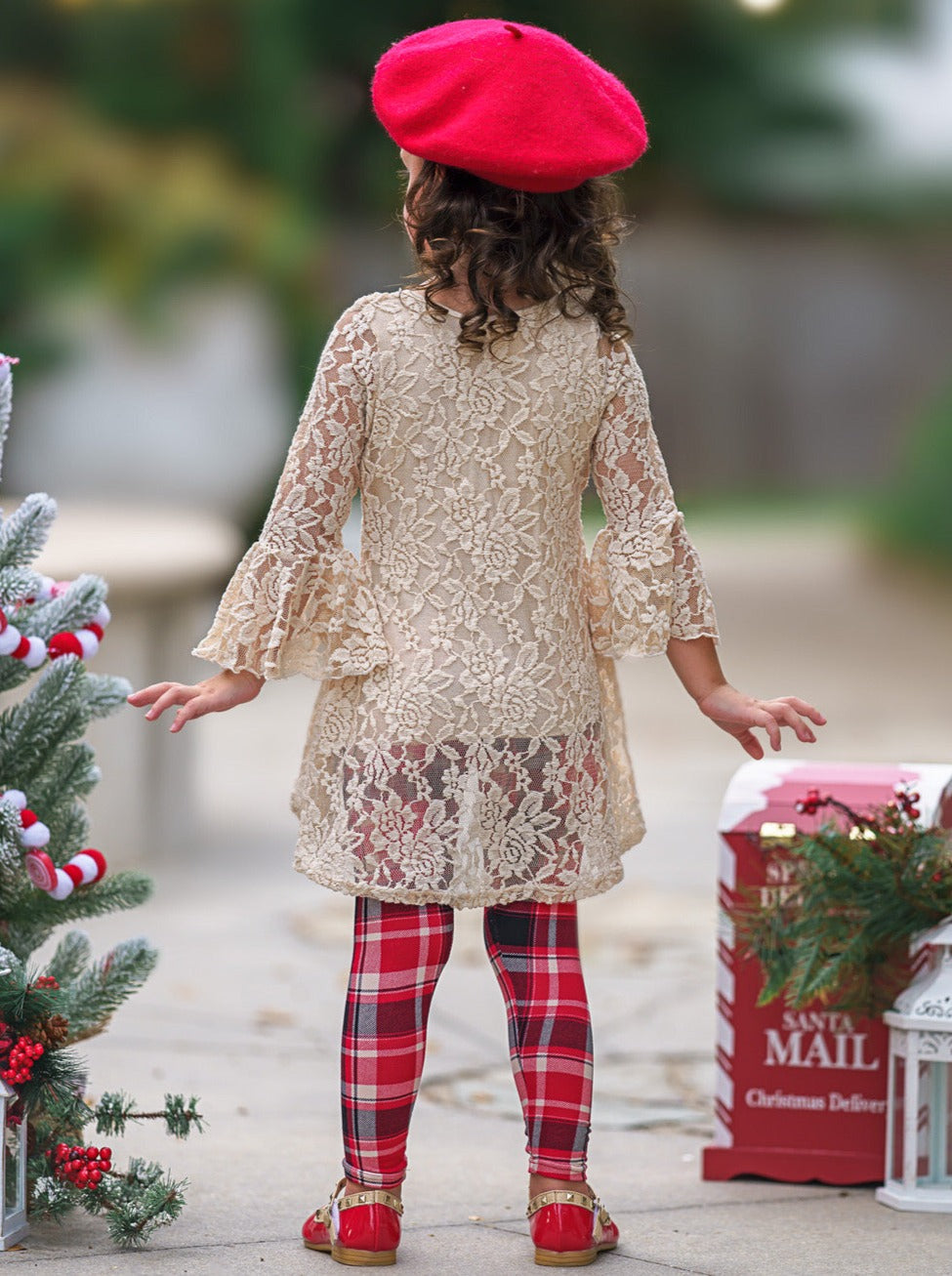 Mia Belle Girls Lace Tunic & Checkered Leggings | Tunic & Legging Set