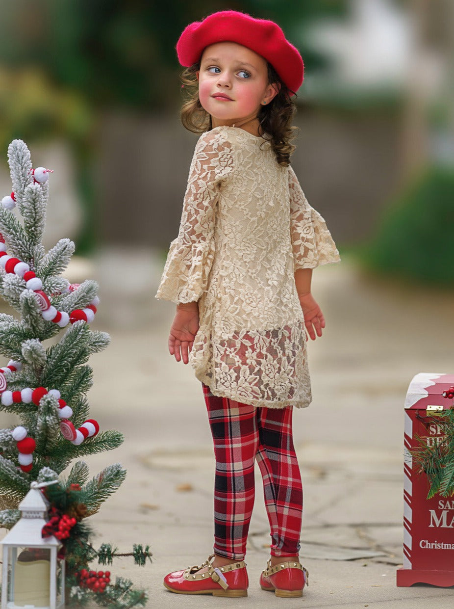 Mia Belle Girls Lace Tunic & Checkered Leggings | Tunic & Legging Set