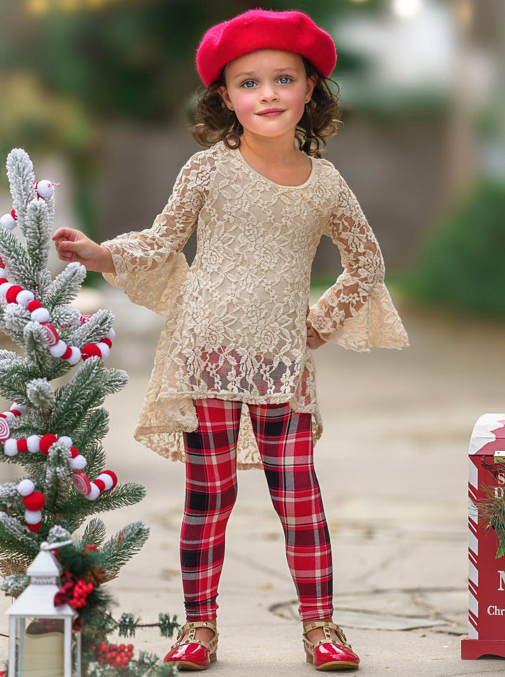 Mia Belle Girls Lace Tunic & Checkered Leggings | Tunic & Legging Set