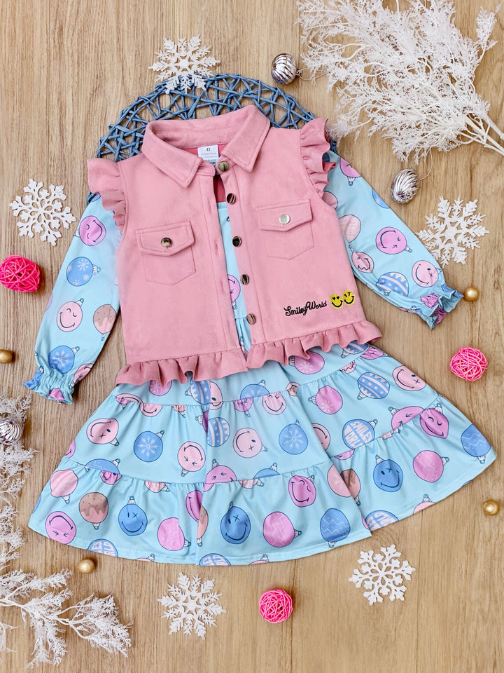 SmileyWorld Feeling Festive Faux Suede Vest and Dress Set