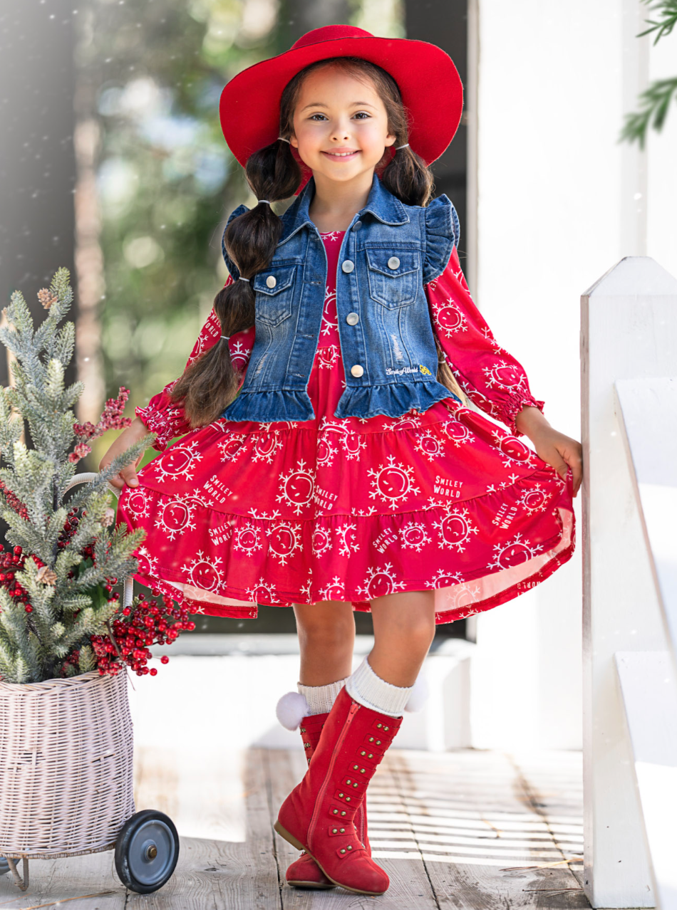 SmileyWorld Happy Snowflake Denim Vest and Dress Set