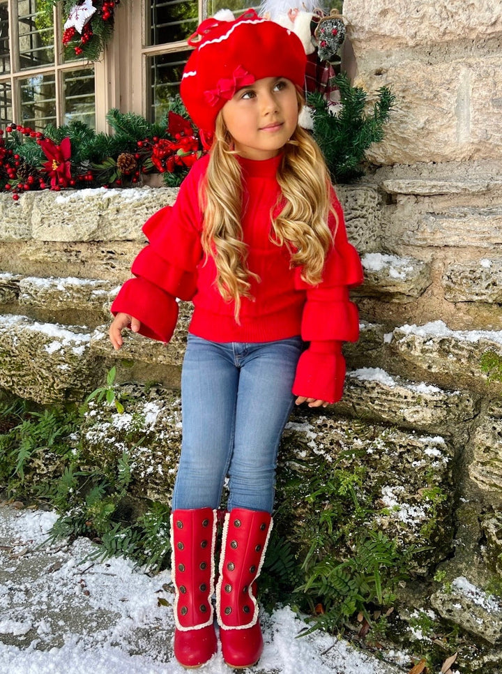 Cute Fall Sweaters | Girls Red Three Tiered Sleeve Cable Knit Sweater