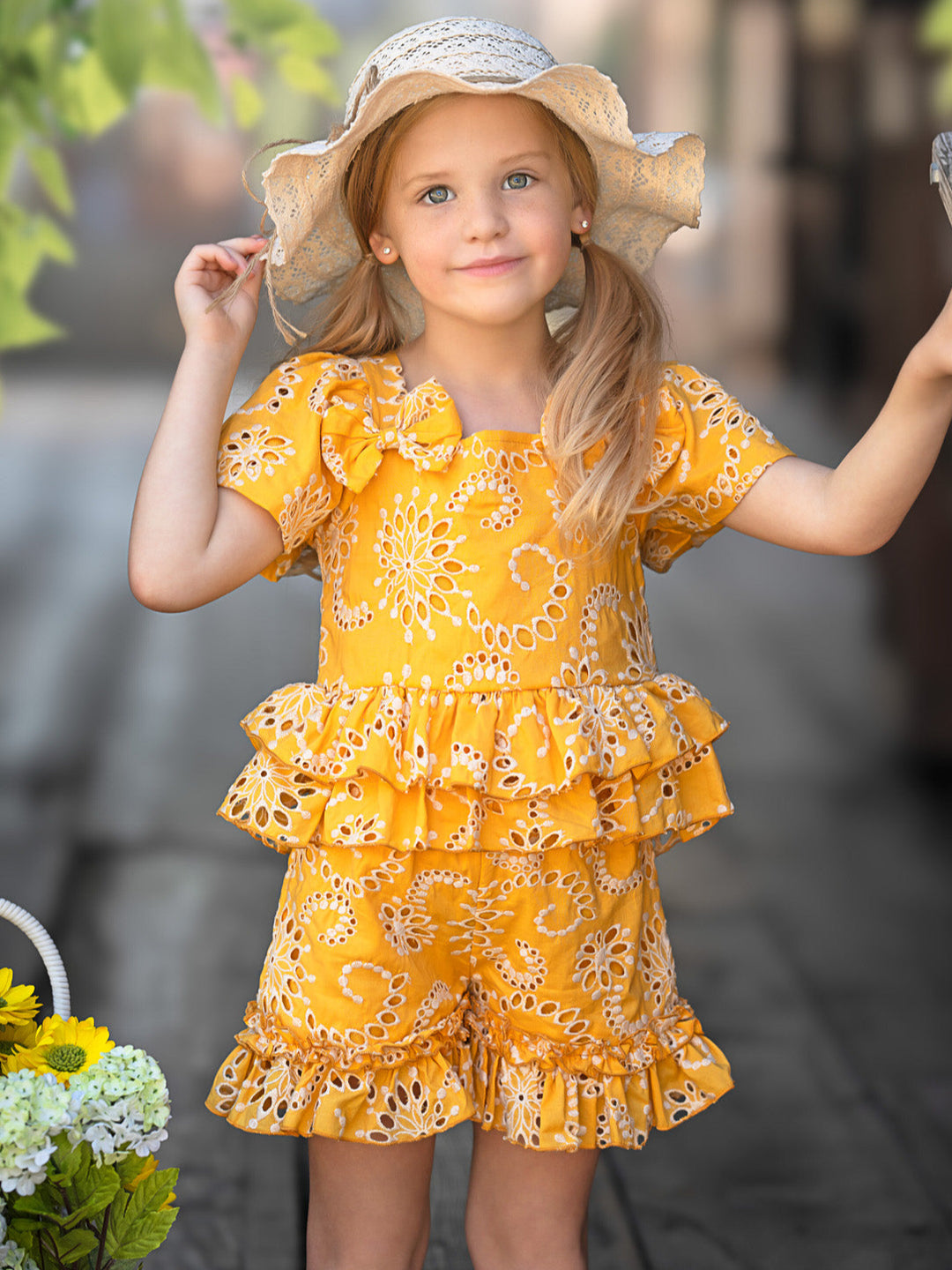 Golden Bloom Eyelet Puff Sleeve Top and Ruffle Shorts Set