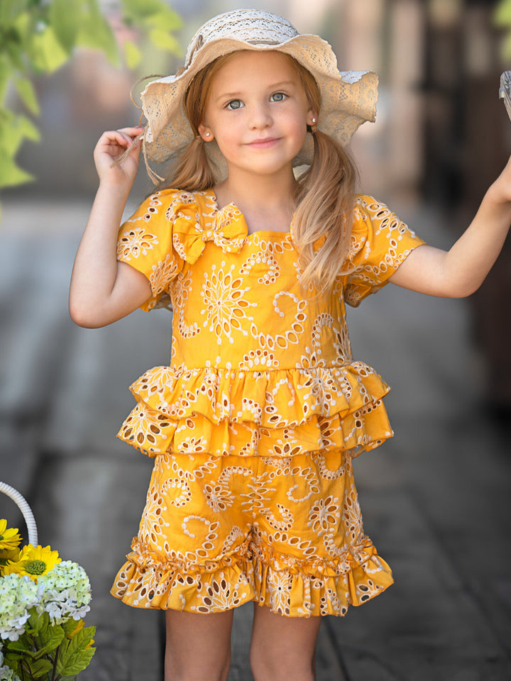 Golden Bloom Eyelet Puff Sleeve Top and Ruffle Shorts Set