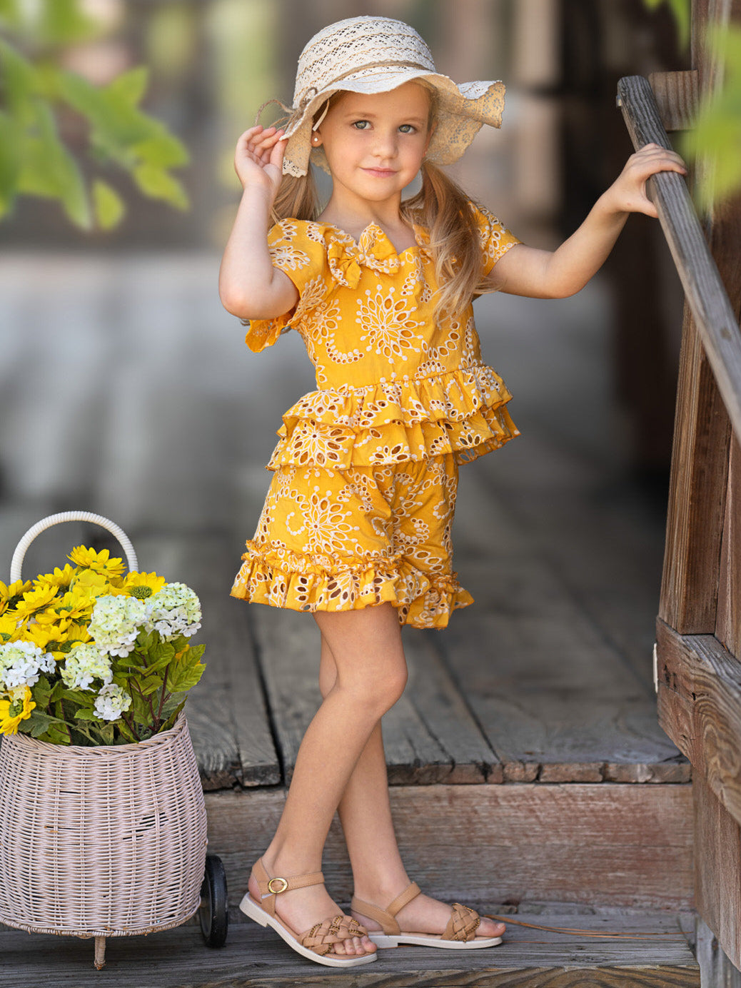 Golden Bloom Eyelet Puff Sleeve Top and Ruffle Shorts Set