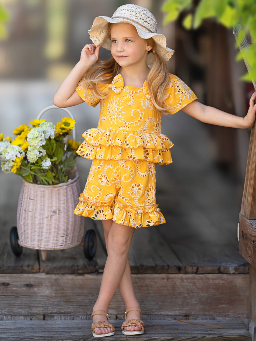 Golden Bloom Eyelet Puff Sleeve Top and Ruffle Shorts Set